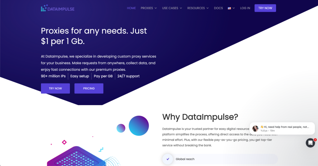 6.png DataImpulse homepage hero with $1 per GB residential proxy pricing, 90M+ IPs, and pay-as-you-go access with no subscription
