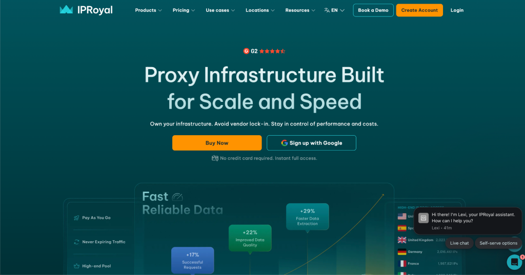 4.png IPRoyal homepage hero highlighting never-expiring residential proxy traffic with pay-as-you-go pricing and no minimum spend