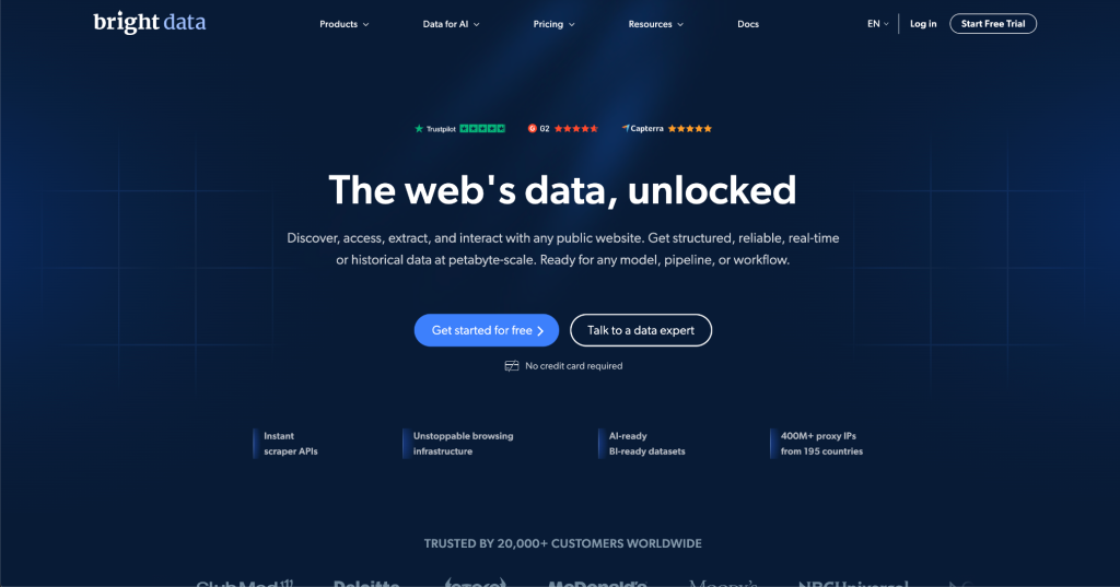 Bright Data homepage hero showing 400M+ proxy IPs across 195 countries for enterprise web scraping and data collection