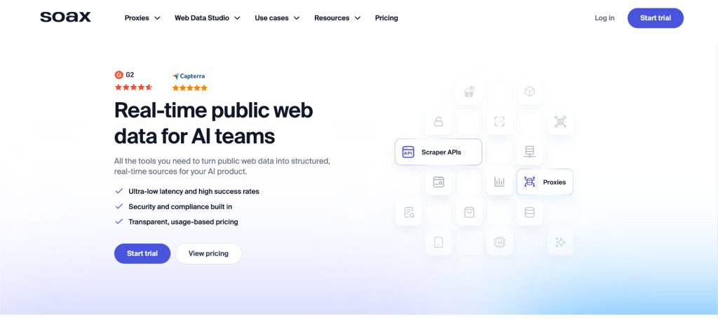 7.png SOAX homepage hero with residential and mobile proxy network for real-time web scraping, AI data supply, and ad verification