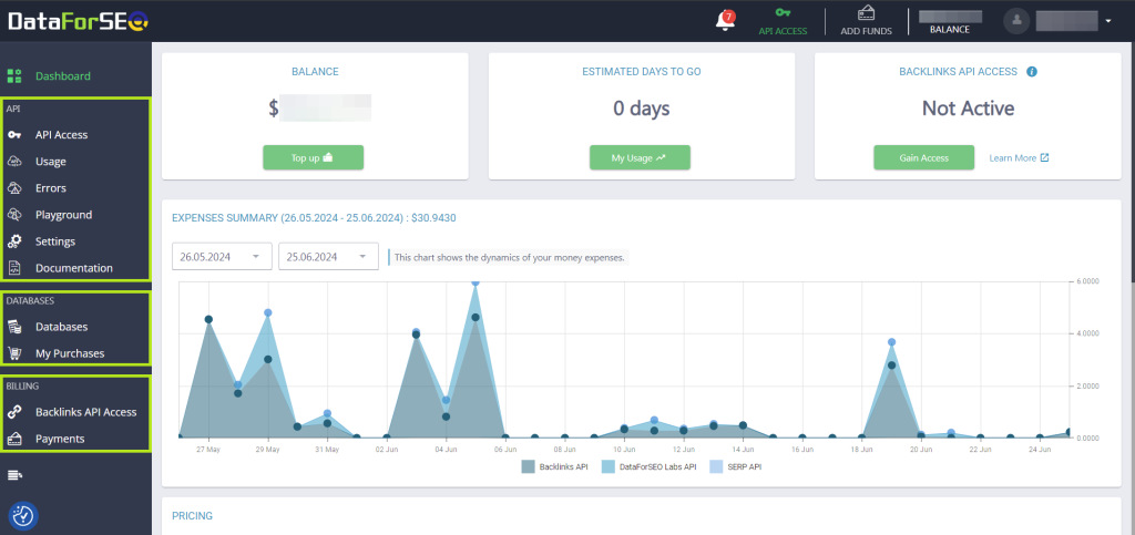 DataForSEO website ranking API dashboard with API access, balance, and a SERP API expenses summary chart by day