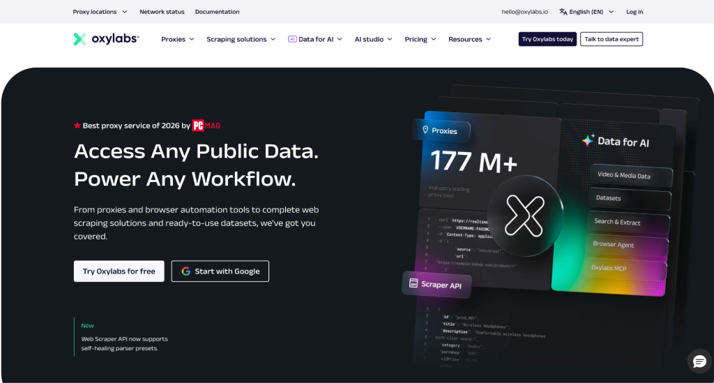Oxylabs homepage hero with 177M+ residential proxy pool and Scraper API for high-volume web scraping and data collection