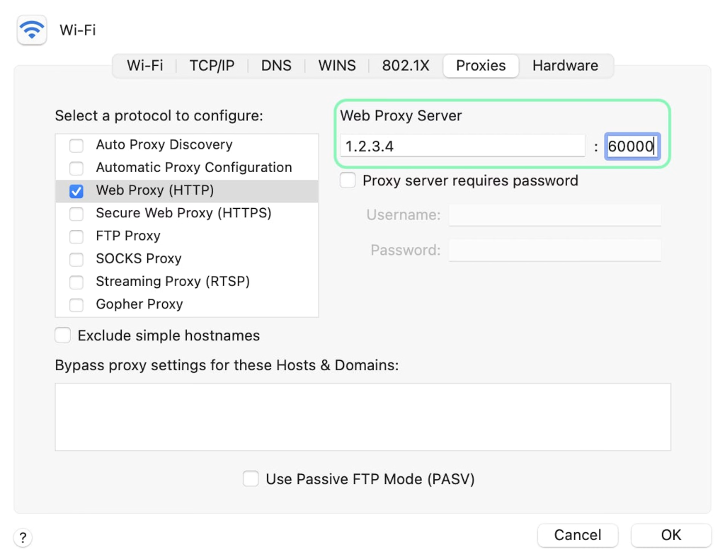 macOS Wi-Fi Advanced Proxies tab with Web Proxy HTTP selected and server address field for residential proxy setup