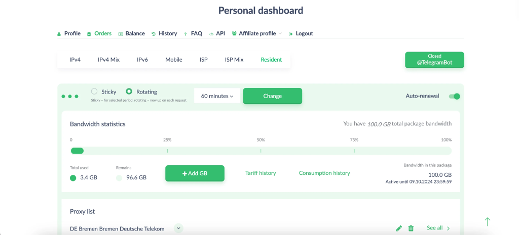 Proxy-Seller residential proxy dashboard with rotating sessions, 100 GB bandwidth stats, and a DE Bremen Deutsche Telekom IP