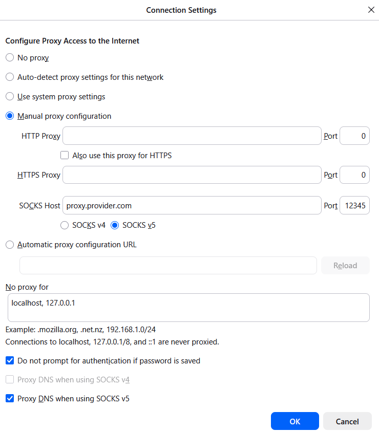 Firefox Connection Settings with Manual proxy configuration, SOCKS v5 selected and proxy DNS enabled for residential proxies