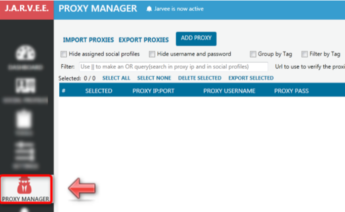 In the control panel press the «PROXY MANAGER» button