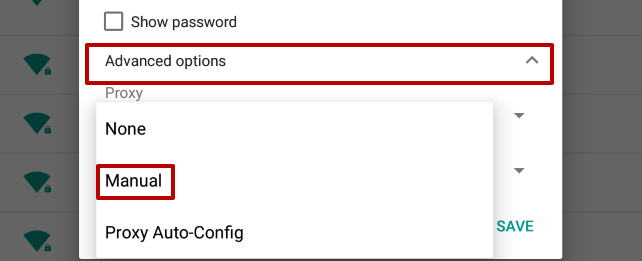 Press on «Advanced». Choose from another drop-down box «Proxy» - «Manual»