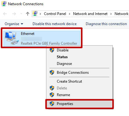 Open the properties of your internet connection