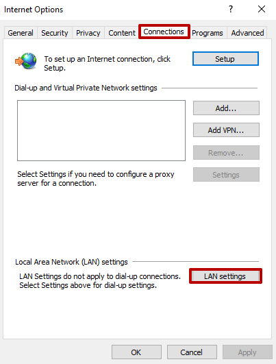 Click on the «Connections» menu, and then click on «LAN Settings»