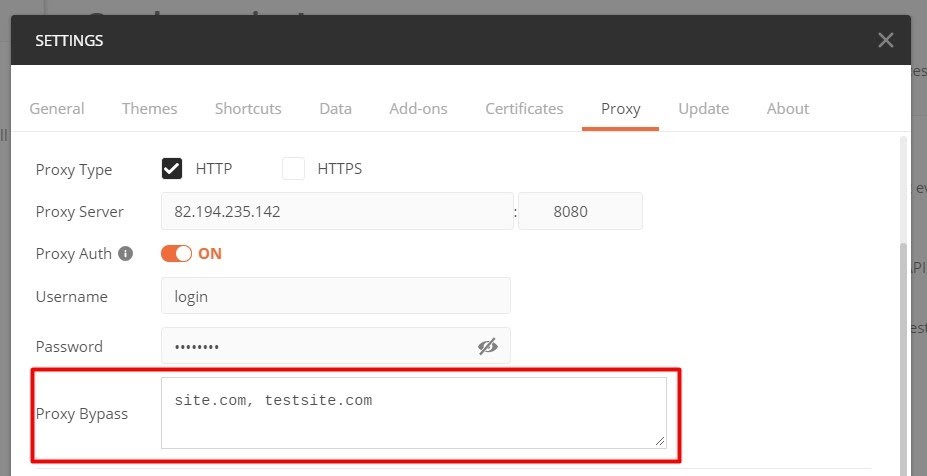 Enter a list of sites in a free field near the «Proxy Bypass» parameter