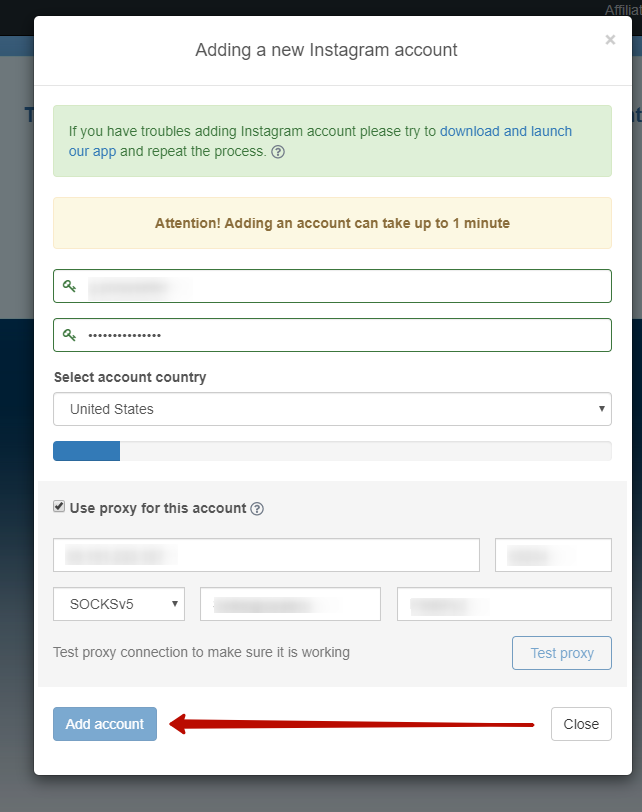 Push the «Add account» button