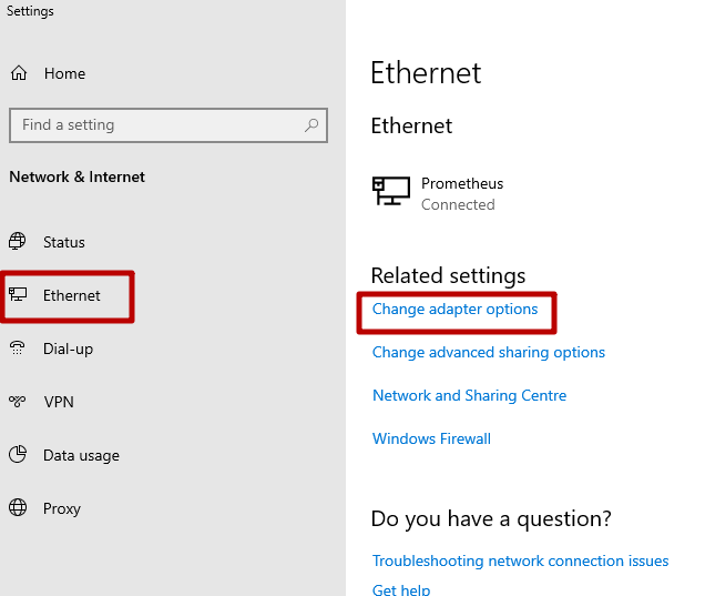 In the «Ethernet» menu, click «Change adapter settings»