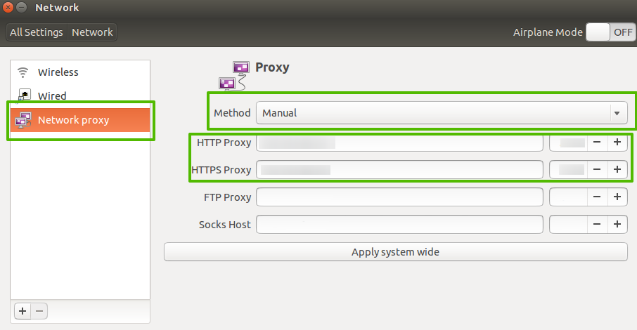Click on the «Network Proxy». In the «Method» drop-down list, choose «Manual». Fill up the «HTTP» and «HTTPS» proxy fields with the data. Click on «Apply system wide» after