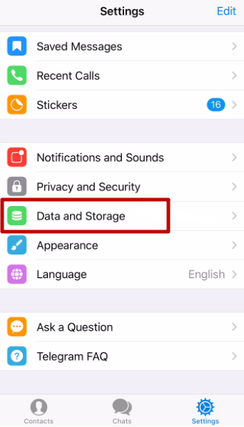 Find the «Data and Storage» menu in the Telegram settings