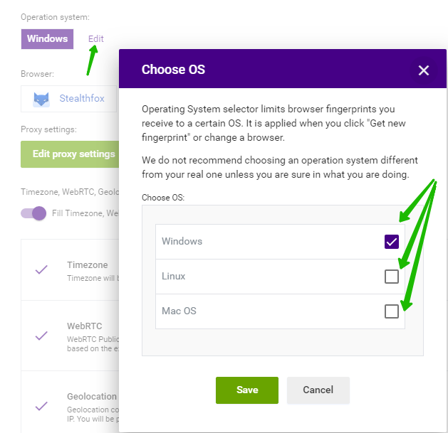 In the «Operation System» field press on the «Edit» and choose the operation system