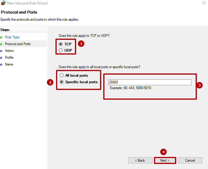 Create 2 protocol rules (1). Do not select «All local ports» (2). Enter 25565 inline (3). Click the «Next» button