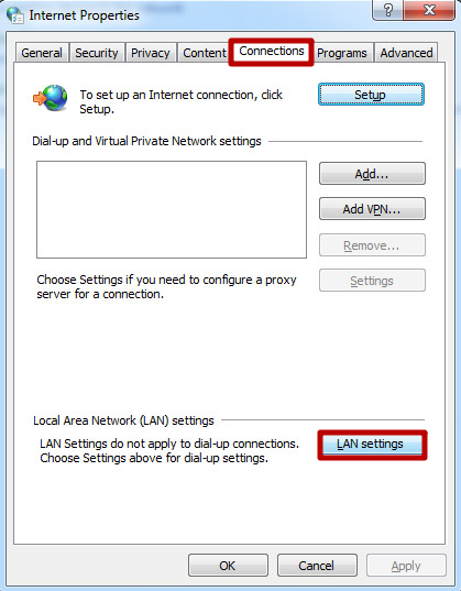 In the «Connections» tab and press the «LAN settings» button