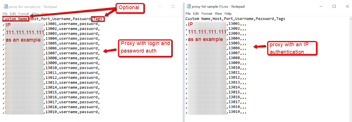 Fill in the proxy list as in the example