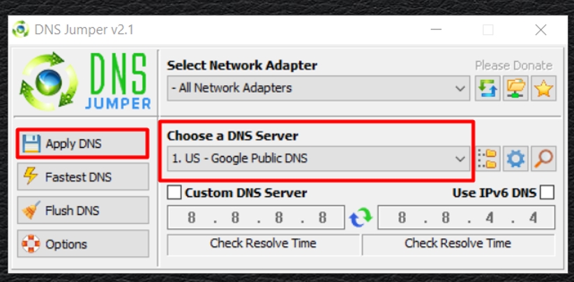 Select the appropriate DNS server where it says «Choose a DNS Server». Click on the «Apply DNS» button